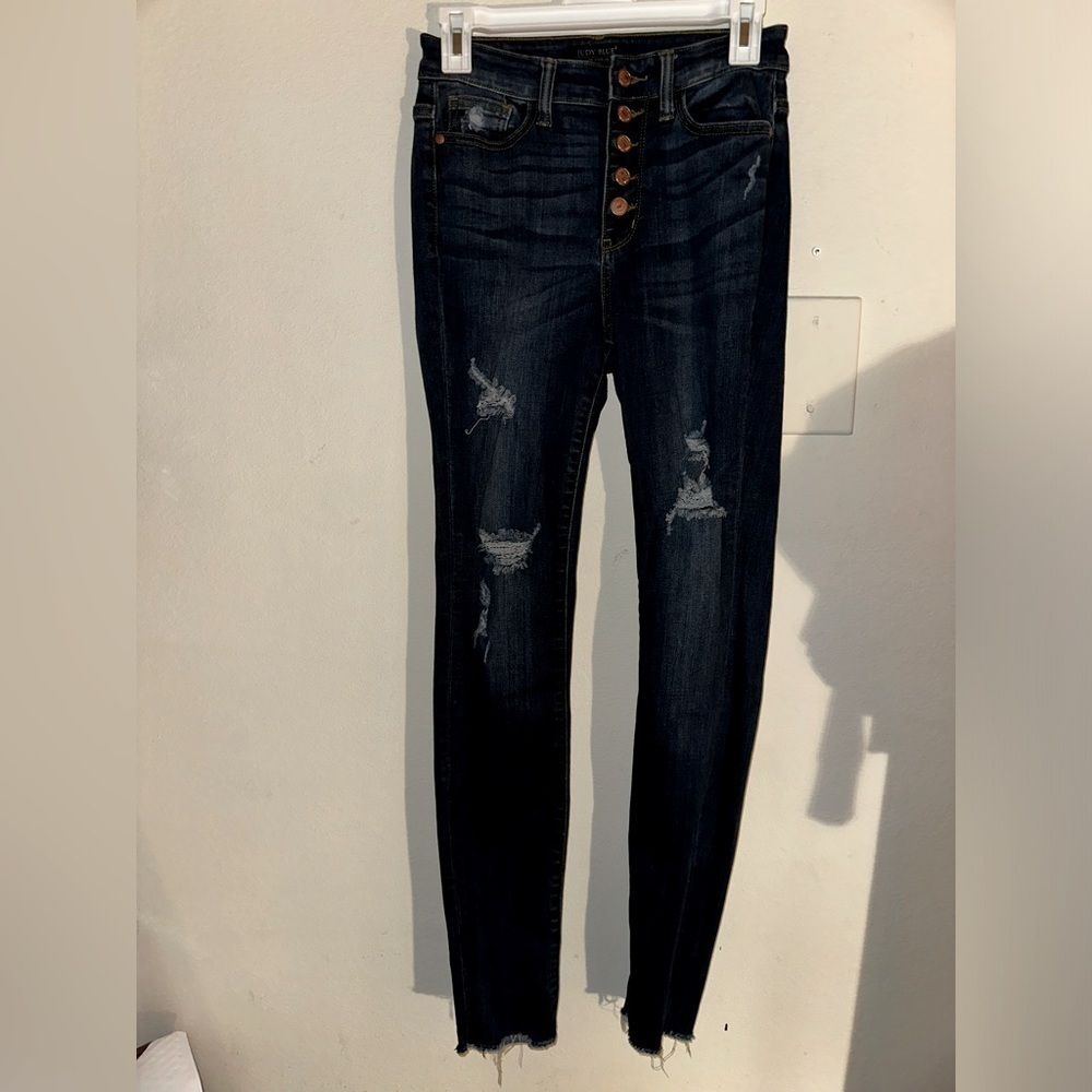 Judy Blue women’s distress high waist button fly skinny fit denim jeans 3 26